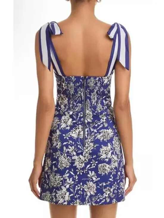 New Alice and Olivia Maryann Floral Tie Shoulder Dress Indigo Multi Sz 10 $440 - Picture 3 of 14